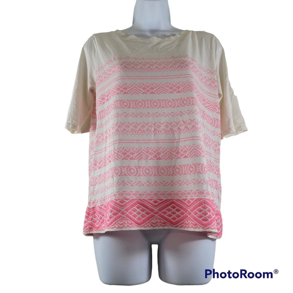 J Crew Hot Pink and Cream Printed/Embroidered Tee Shirt Size Small